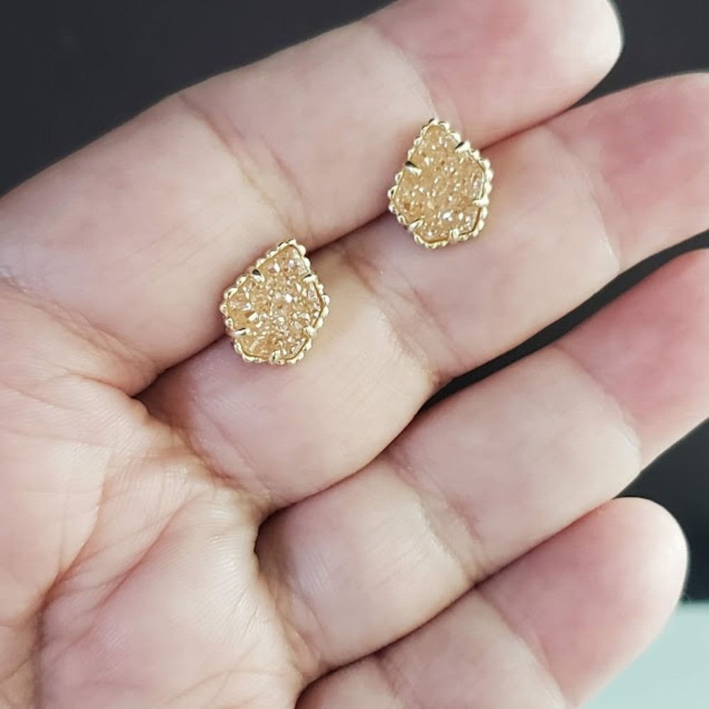 Kendra Scott Tessa Gold Stud Earrings Gold Drusy Teardrop Studs Signed - Picture 6 of 6